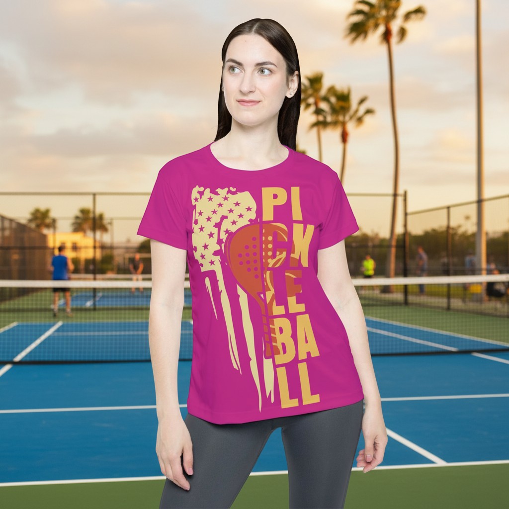 Woman wearing a Sea Dragon Dreams pink moisture-wicking pickleball jersey with a graphic print on a court.