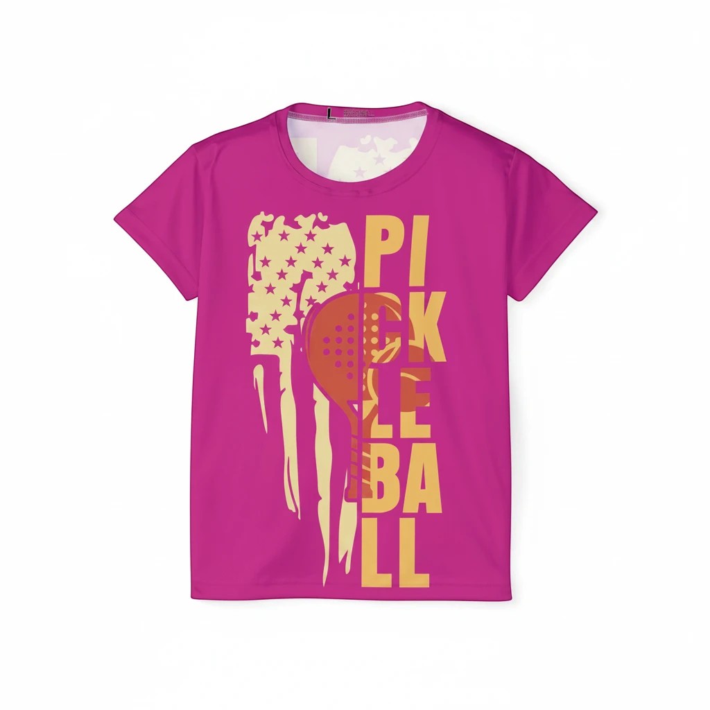 Sea Dragon Dreams women's pink moisture-wicking sports jersey with a Pickleball Love graphic and American flag design.