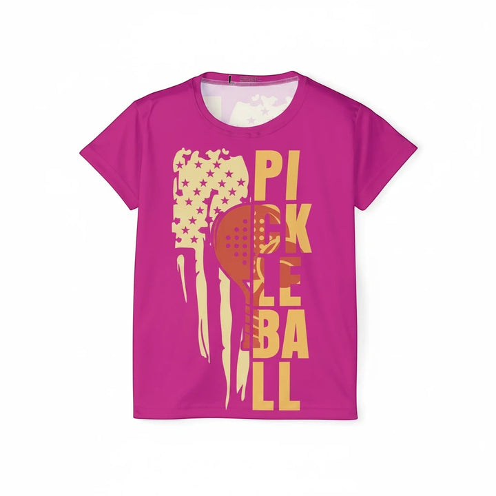 Sea Dragon Dreams women's pink moisture-wicking sports jersey with a Pickleball Love graphic and American flag design.