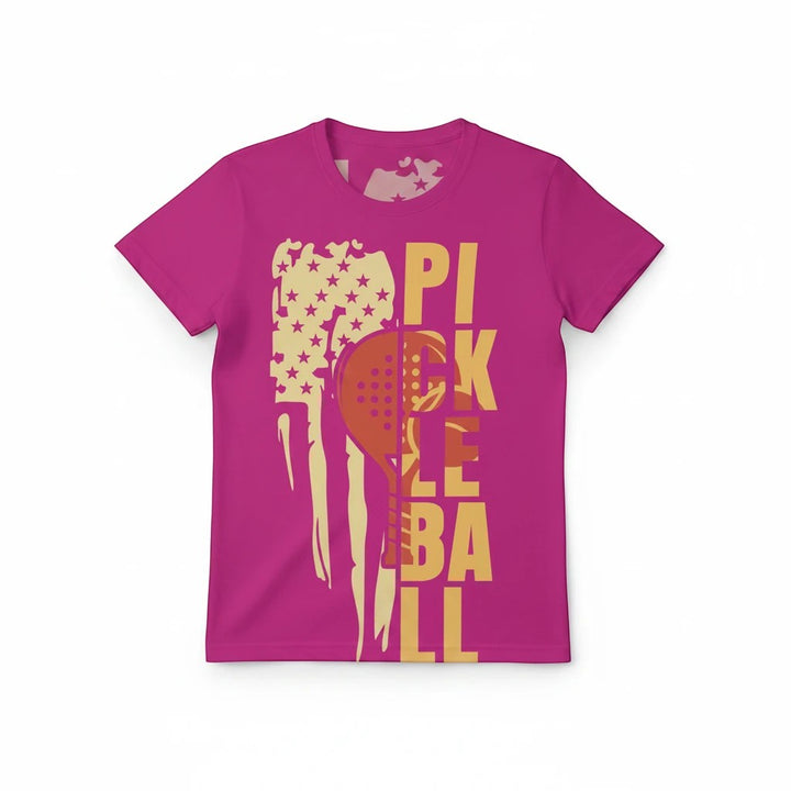 Sea Dragon Dreams women's pink moisture-wicking pickleball jersey with a distressed American flag and paddle graphic.