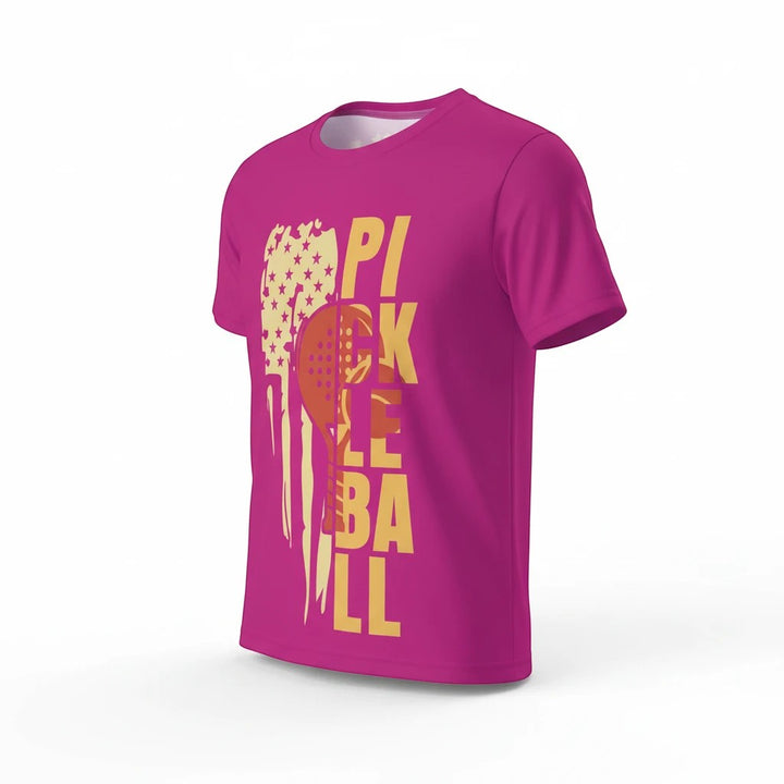Sea Dragon Dreams women's pink moisture-wicking polyester sports jersey with a yellow Pickleball Love graphic print.
