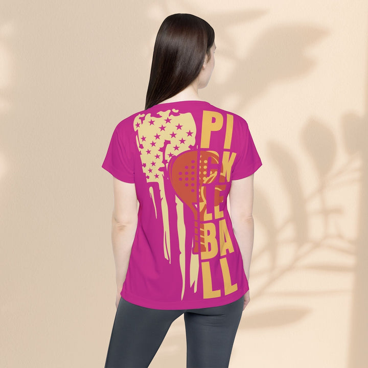 Sea Dragon Dreams women's pink moisture-wicking sports jersey with a Pickleball Love graphic print on the back.