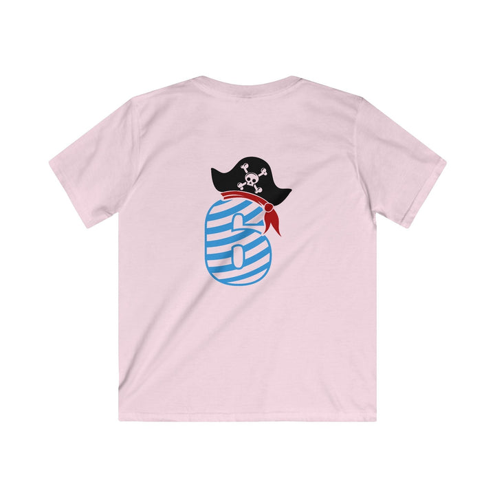 Sea Dragon Dreams light pink kids t-shirt featuring a blue striped number six with a pirate hat for a 6th birthday.
