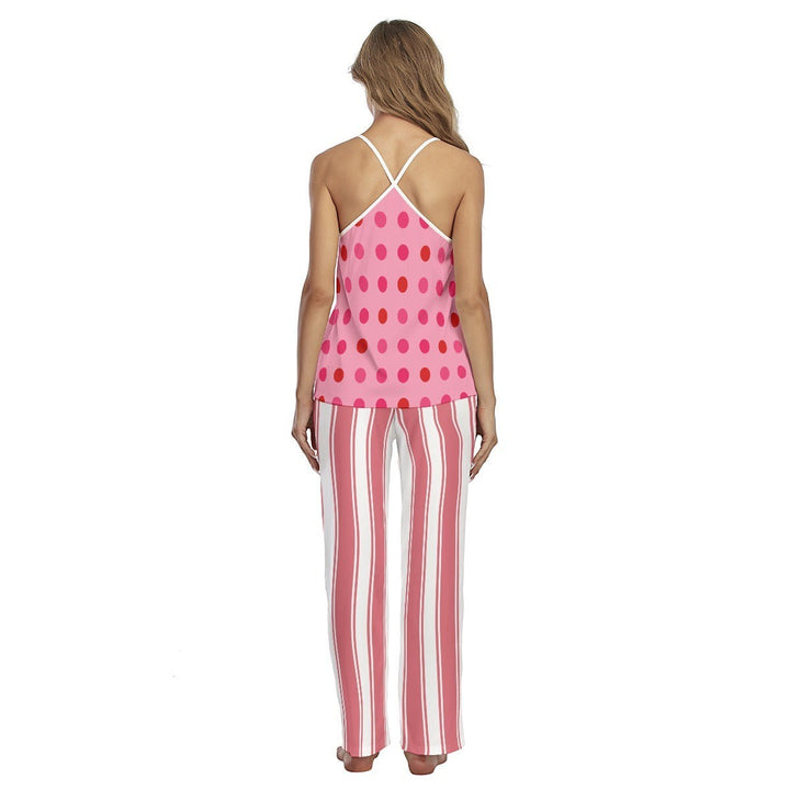 Sea Dragon Dreams pink polka dot camisole top and striped pajama pants set worn by a woman from the back view
