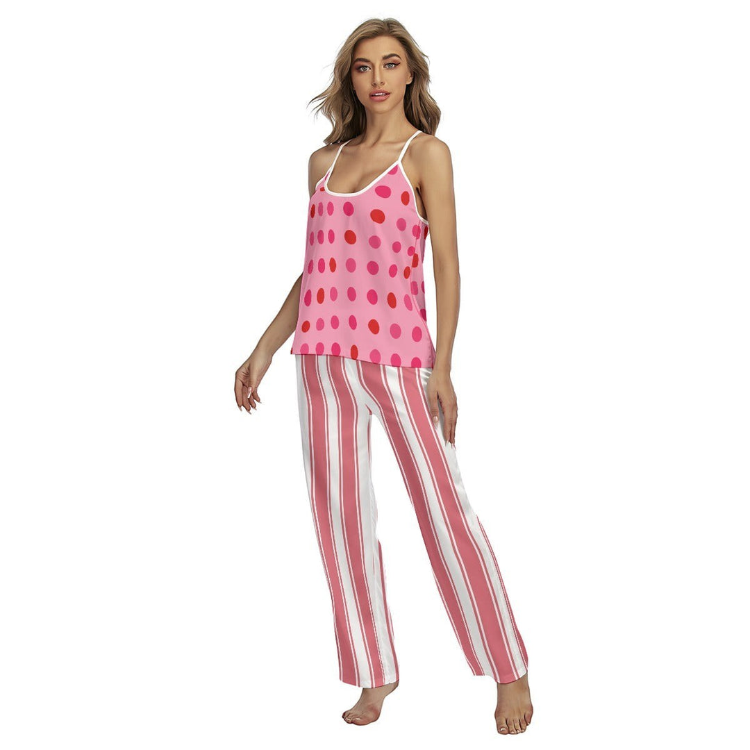 Sea Dragon Dreams pink camisole pajama set with polka dot top and striped bottoms on a model