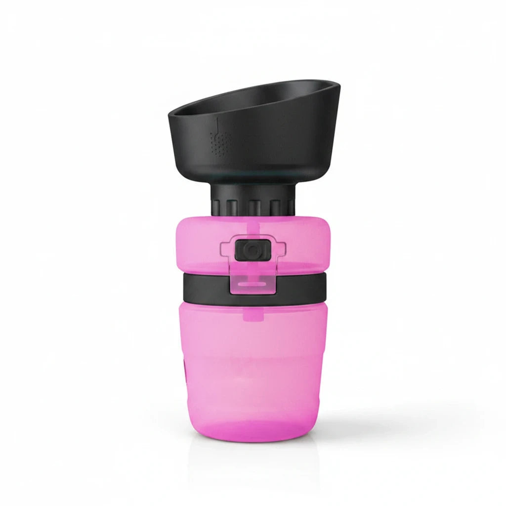 Sea Dragon Dreams portable pink dog water bottle with a black integrated drinking cup for travel and hiking.