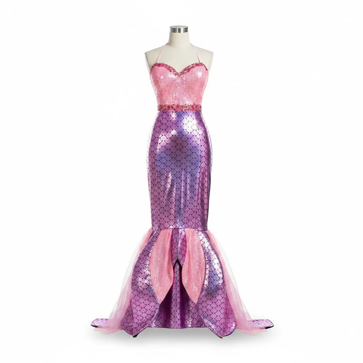 Sea Dragon Dreams Blushing Beauty mermaid costume featuring a pink sequin bodice and a purple scale-print tail.