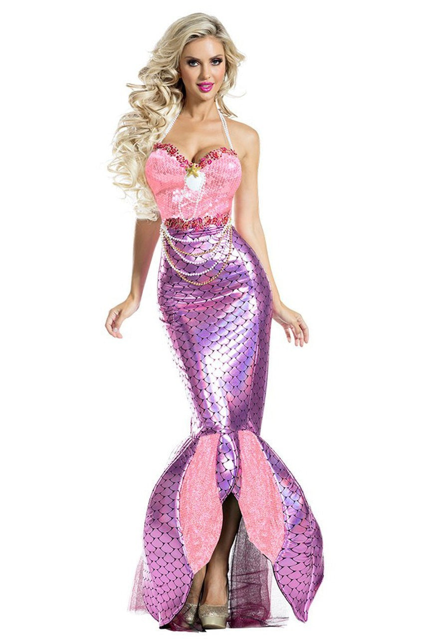 Sea Dragon Dreams Blushing Beauty mermaid costume with a pink sequin bodice and a shimmering purple scale-print tail.