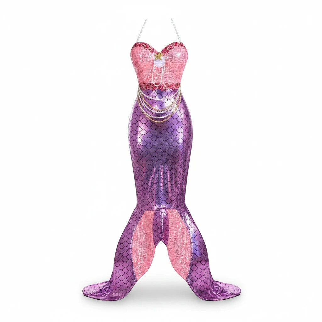 Sea Dragon Dreams Blushing Beauty mermaid costume with a pink sequin bodice and a purple scale-print tail.