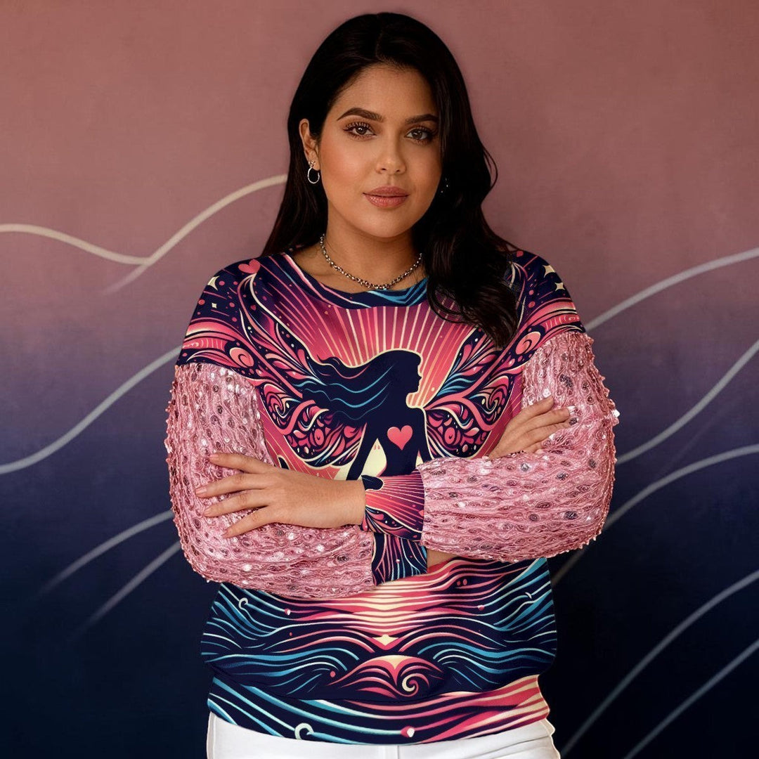 Sea Dragon Dreams sweatshirt with pink sequin sleeves and a vibrant woman's heart graphic on a soft polyester fabric.