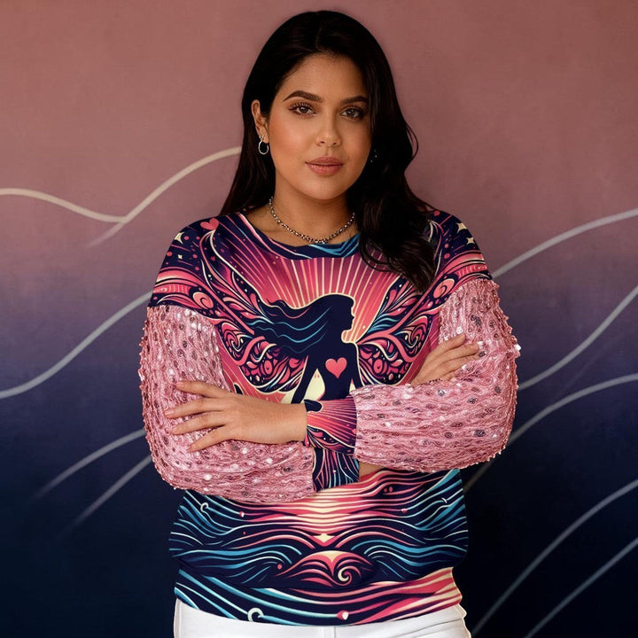 Sea Dragon Dreams sweatshirt with pink sequin sleeves and a vibrant woman's heart graphic on a soft polyester fabric.