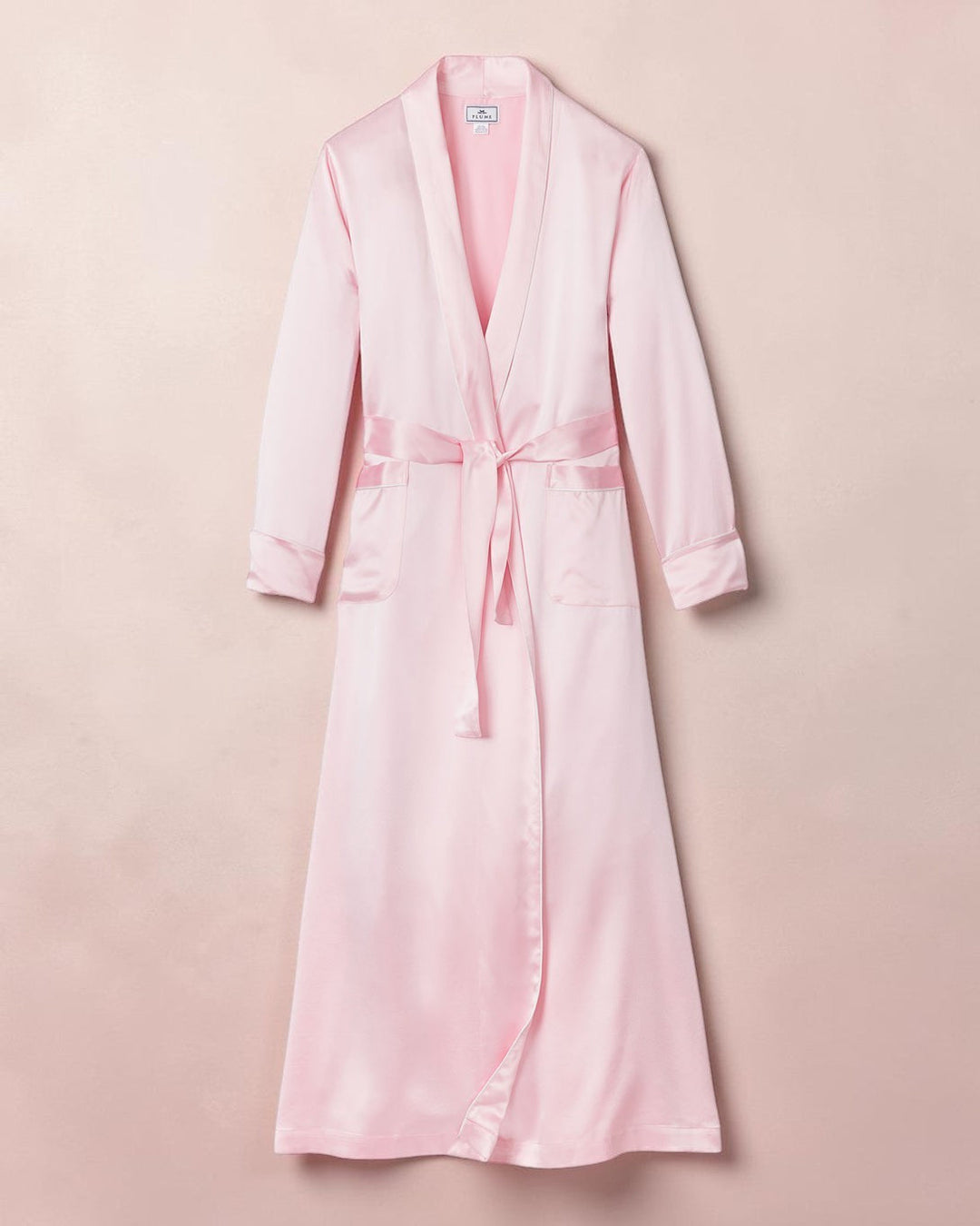 Sea Dragon Dreams women's long pink silk robe with a waist tie, long sleeves, and a luxurious flowing silhouette.