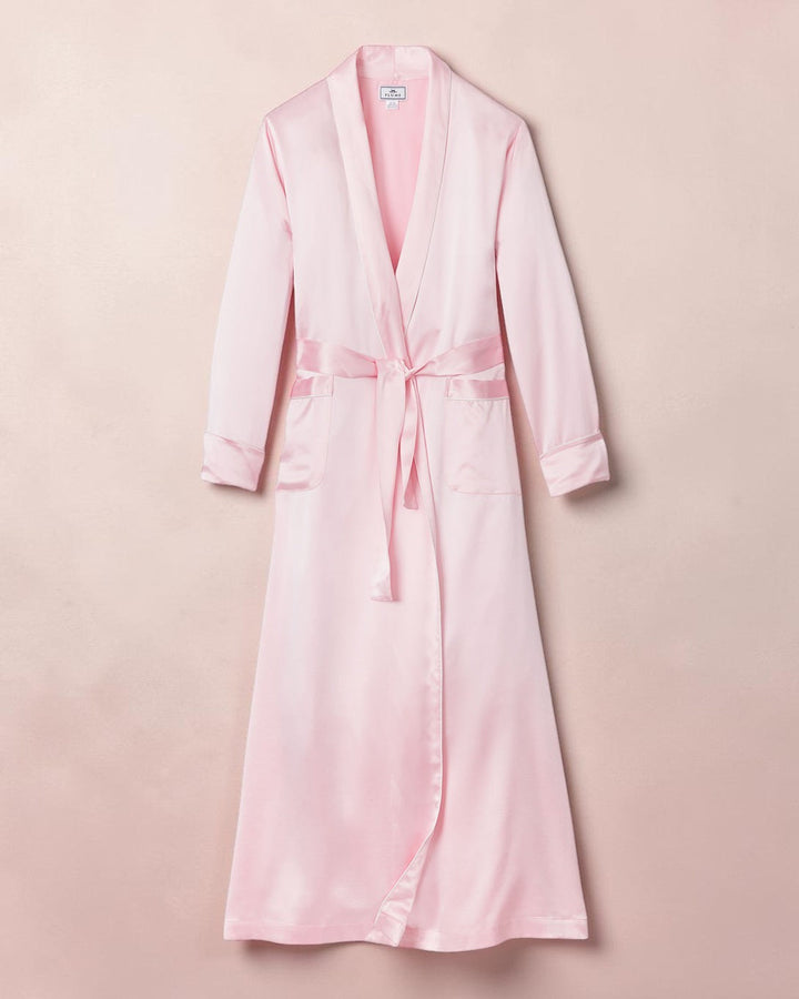 Sea Dragon Dreams women's long pink silk robe with a waist tie, long sleeves, and a luxurious flowing silhouette.