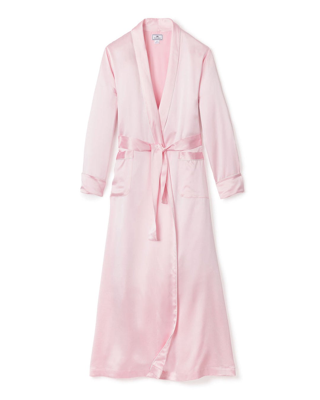 Sea Dragon Dreams women's long silk robe in soft pink with a waist tie and elegant full-length flowing silhouette.