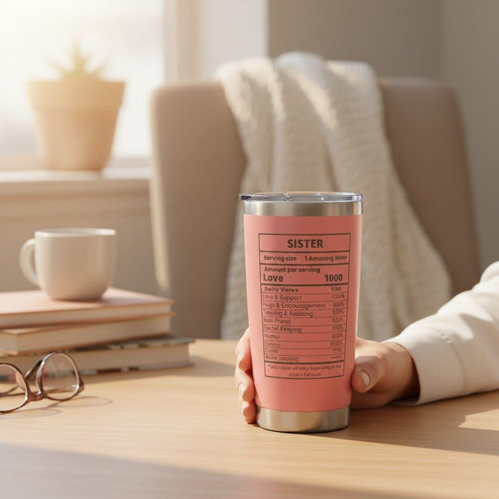 Sea Dragon Dreams pink 20oz stainless steel travel tumbler with funny Sister Nutrition Facts print held in a hand