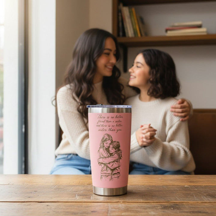 Sea Dragon Dreams pink 20oz stainless steel travel tumbler with sister illustration and quote on a wooden table