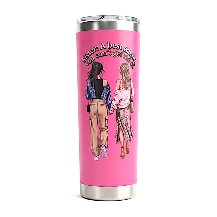 Sea Dragon Dreams pink 20oz stainless steel travel tumbler featuring an illustration of two sisters holding hands