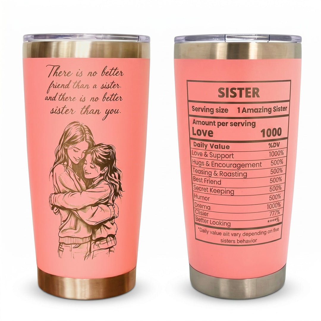 Sea Dragon Dreams 20oz pink stainless steel tumbler with sister illustration and funny nutrition facts label
