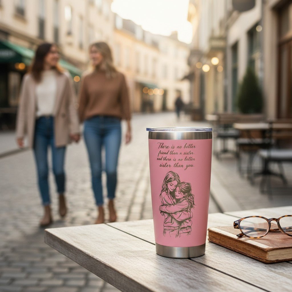 Sea Dragon Dreams pink 20oz stainless steel travel tumbler with sister illustration on a cafe table in a city street