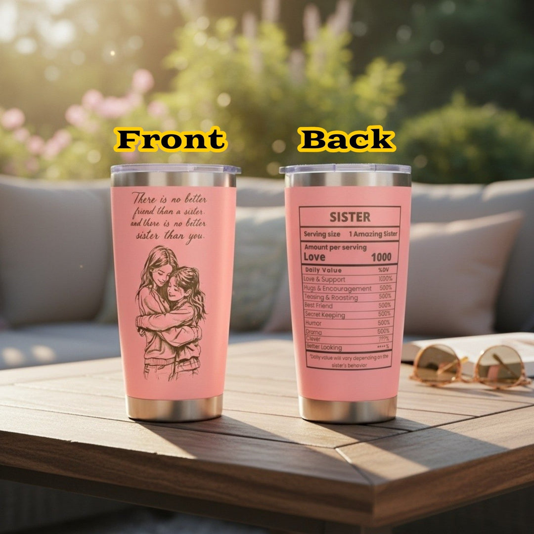 Sea Dragon Dreams 20oz pink stainless steel travel tumbler with sister illustration and nutrition facts print