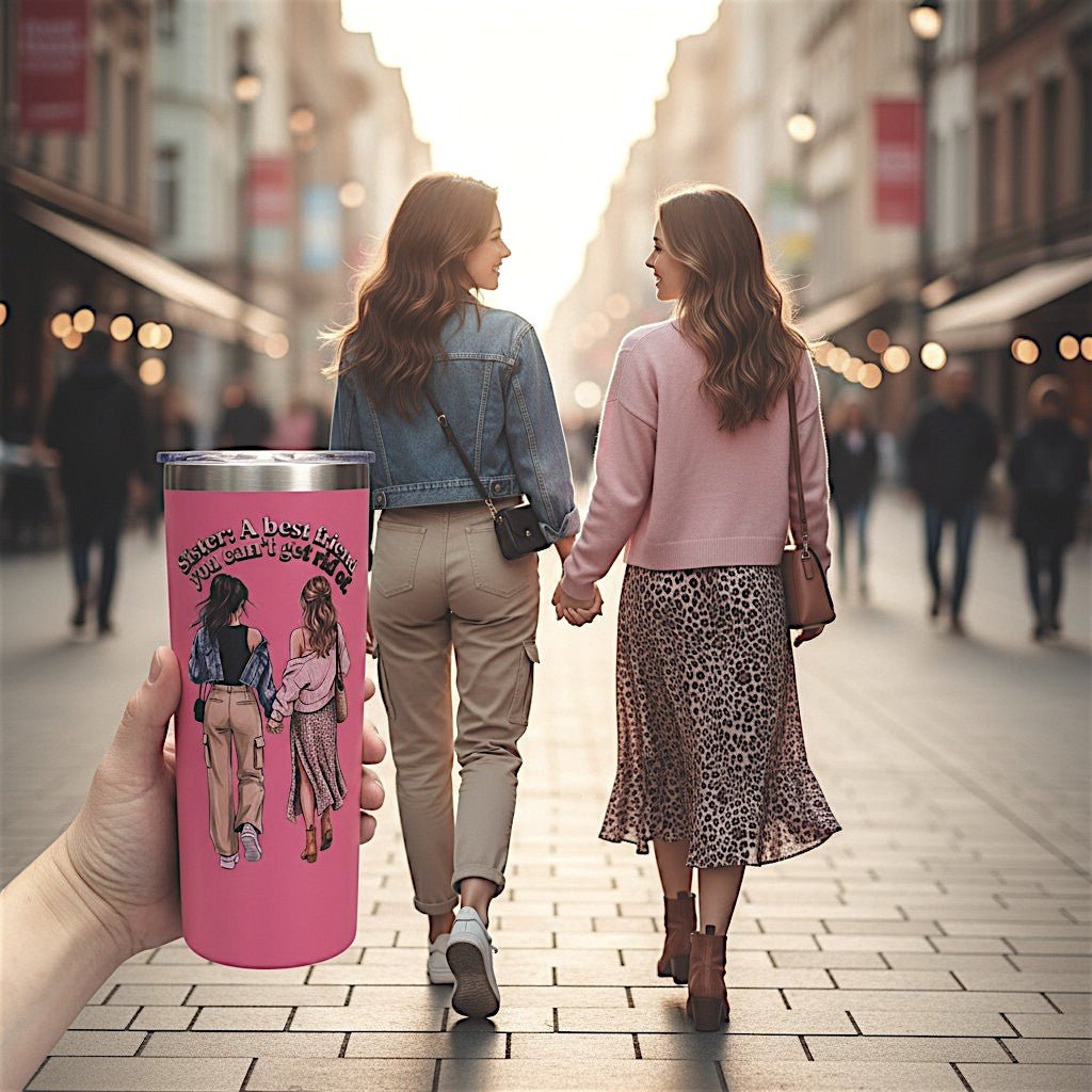 Sea Dragon Dreams pink stainless steel travel tumbler featuring a sister illustration held in a hand on a city street