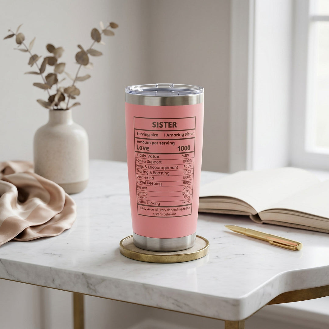 Sea Dragon Dreams pink 20oz stainless steel travel tumbler with funny Sister Nutrition Facts print on a marble table