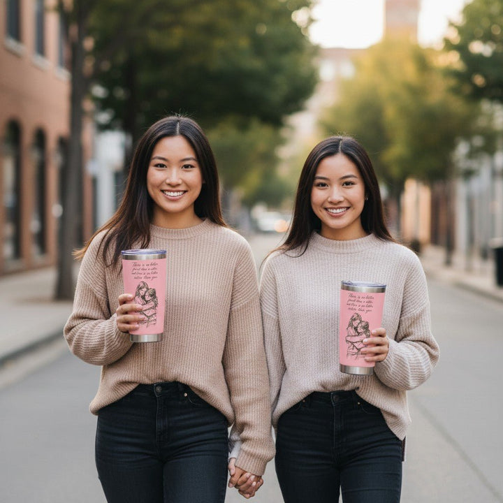 Two women holding Sea Dragon Dreams pink 20oz stainless steel travel tumblers with sister-themed illustrations.