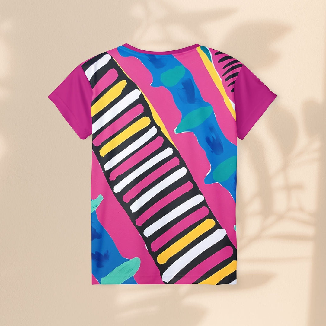 Sea Dragon Dreams women's pink sports jersey with a vibrant abstract pattern, ribbed collar, and moisture-wicking fabric