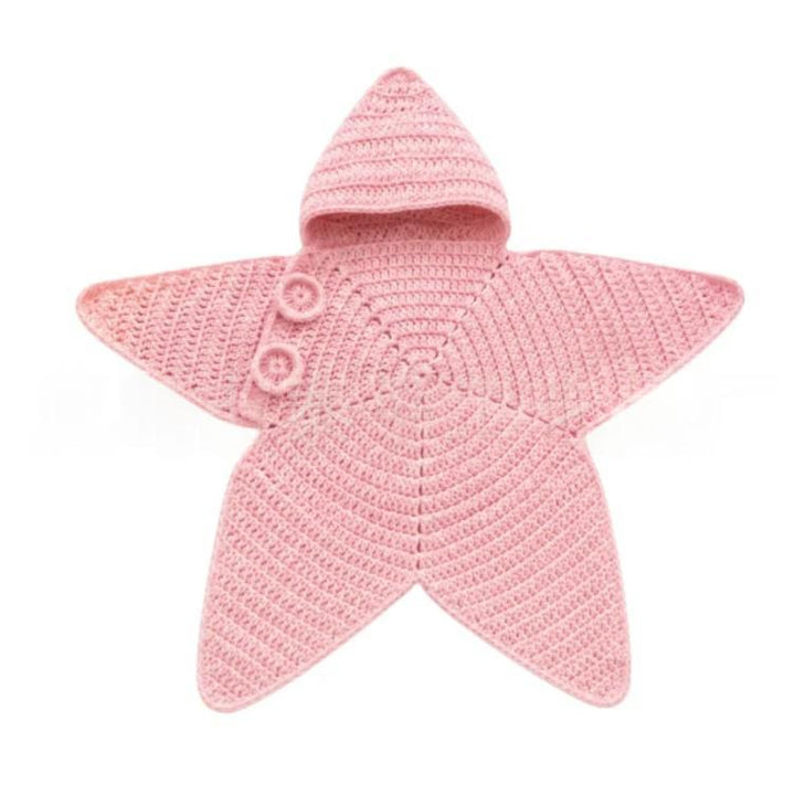 Sea Dragon Dreams pink crochet starfish baby swaddle blanket with a hood and button details