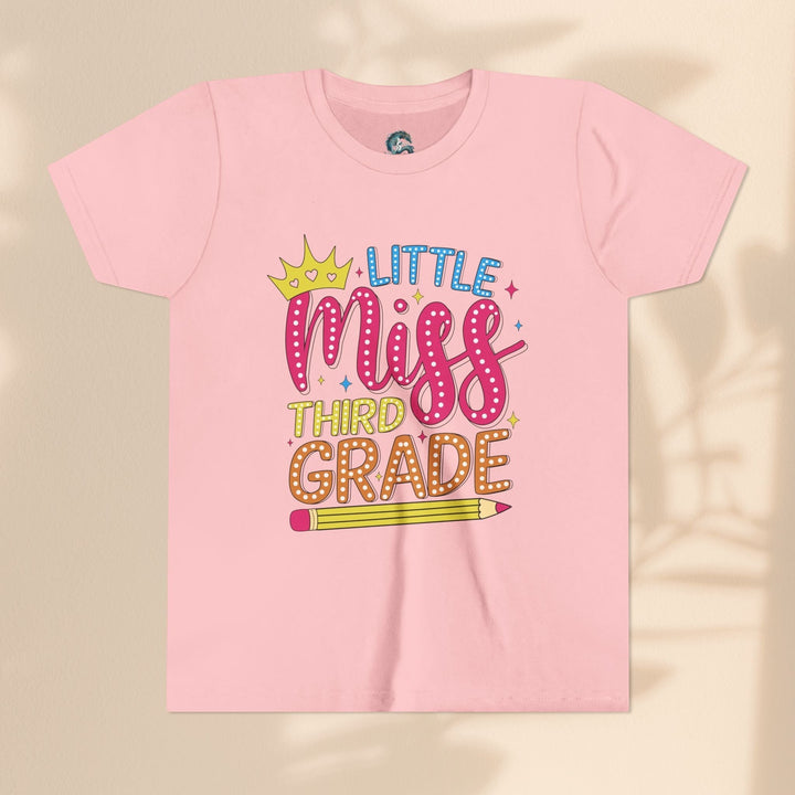 Sea Dragon Dreams pink youth t-shirt with Little Miss Third Grade graphic featuring a crown and pencil design.