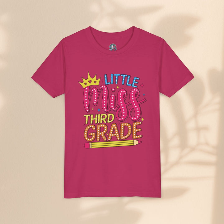 Sea Dragon Dreams pink youth t-shirt with Little Miss Third Grade graphic featuring a crown and pencil design.