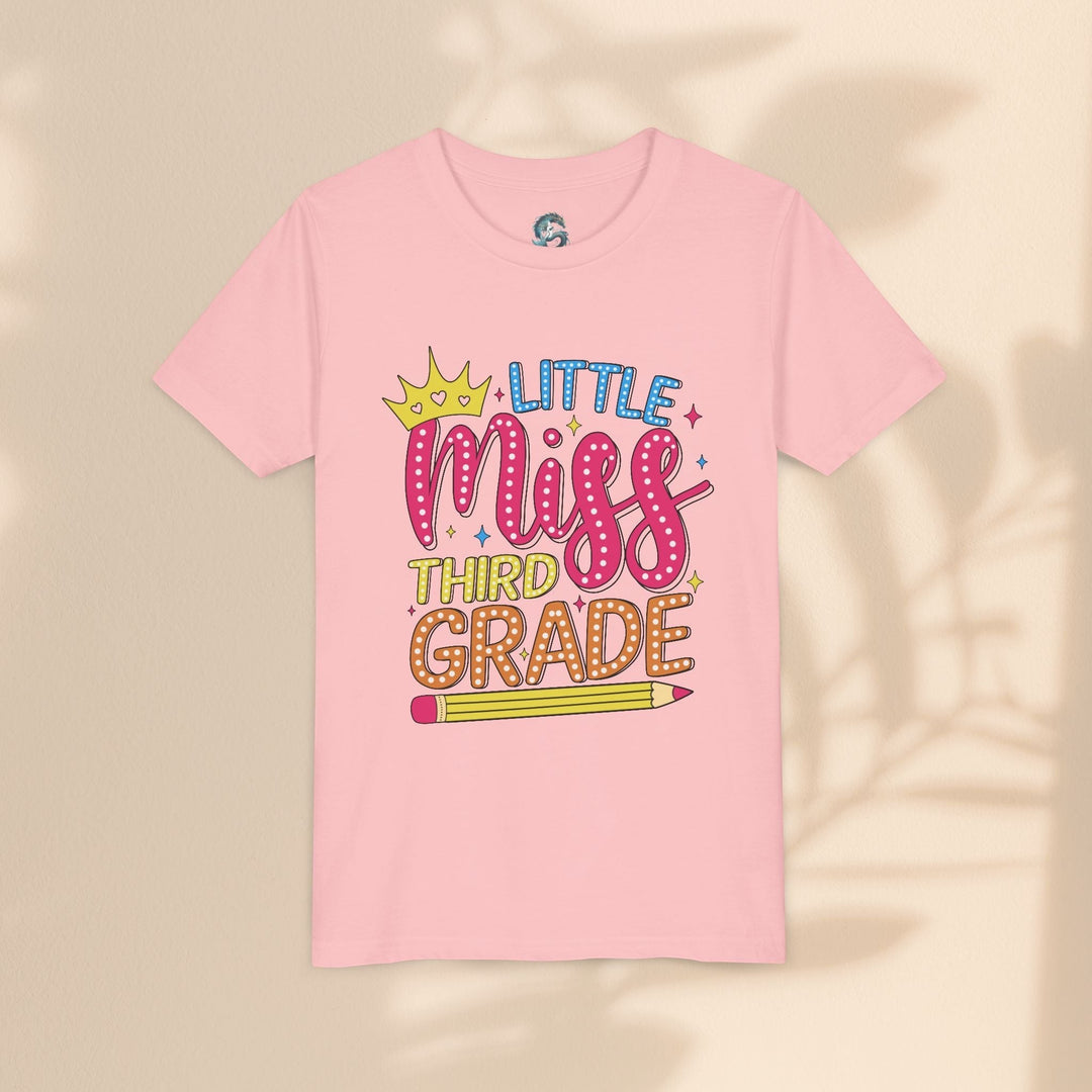 Sea Dragon Dreams pink youth t-shirt with Little Miss Third Grade graphic featuring a crown and pencil design.