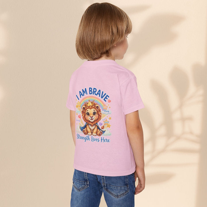 Sea Dragon Dreams toddler t-shirt in light pink cotton featuring a Leo Lion graphic with the text I Am Brave