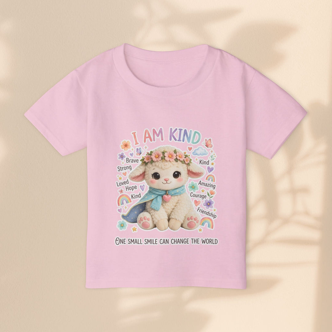 Sea Dragon Dreams toddler t-shirt in light pink cotton featuring a cute Grace Lamb graphic and I Am Kind text.