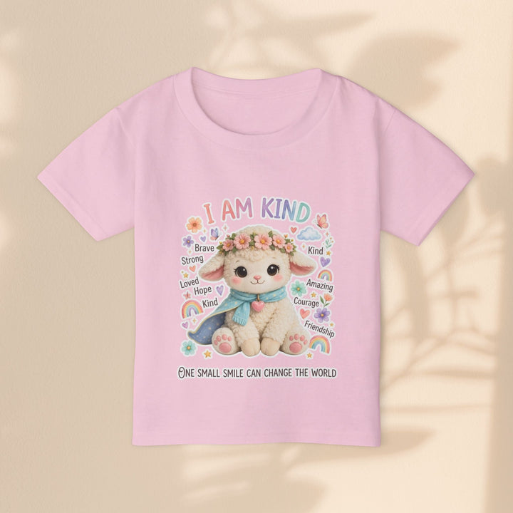 Sea Dragon Dreams toddler t-shirt in light pink cotton featuring a cute Grace Lamb graphic and I Am Kind text.