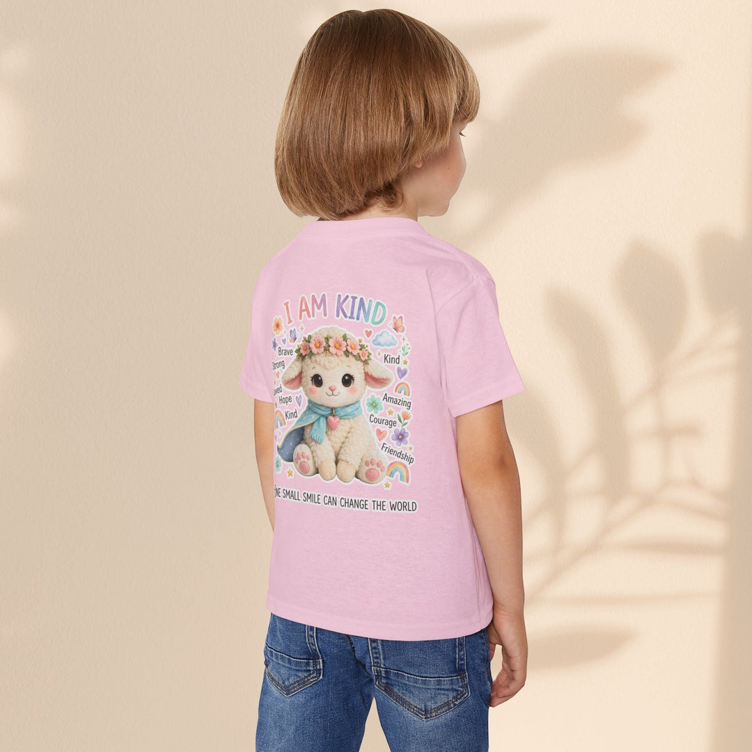 Sea Dragon Dreams toddler t-shirt in light pink cotton featuring a cute Grace Lamb illustration and I Am Kind text.