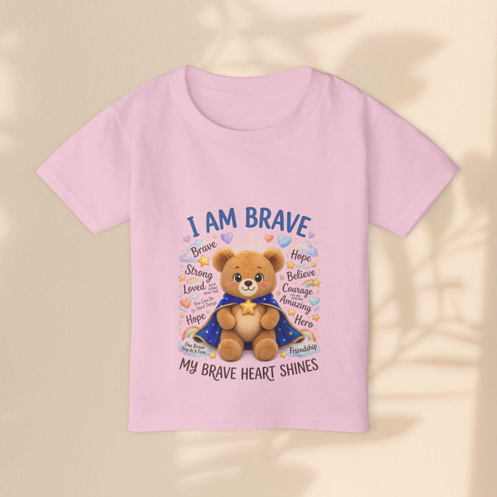 Sea Dragon Dreams toddler t-shirt in light pink cotton with a cute teddy bear graphic and I Am Brave text