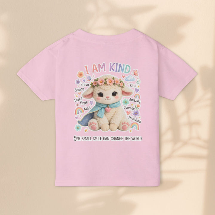 Sea Dragon Dreams pink cotton toddler t-shirt featuring a Grace Lamb illustration with I Am Kind text and floral art.