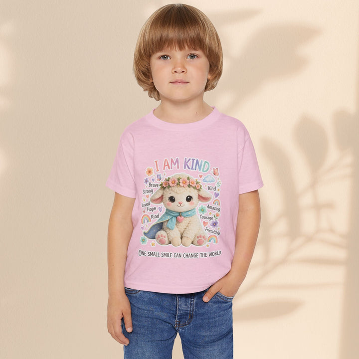 Sea Dragon Dreams toddler t-shirt in pink cotton featuring a cute Grace Lamb graphic and I Am Kind text