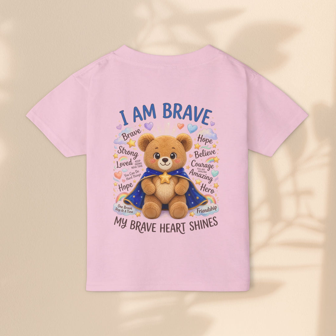 Sea Dragon Dreams toddler t-shirt in soft pink cotton featuring a cute teddy bear graphic with the text I Am Brave.