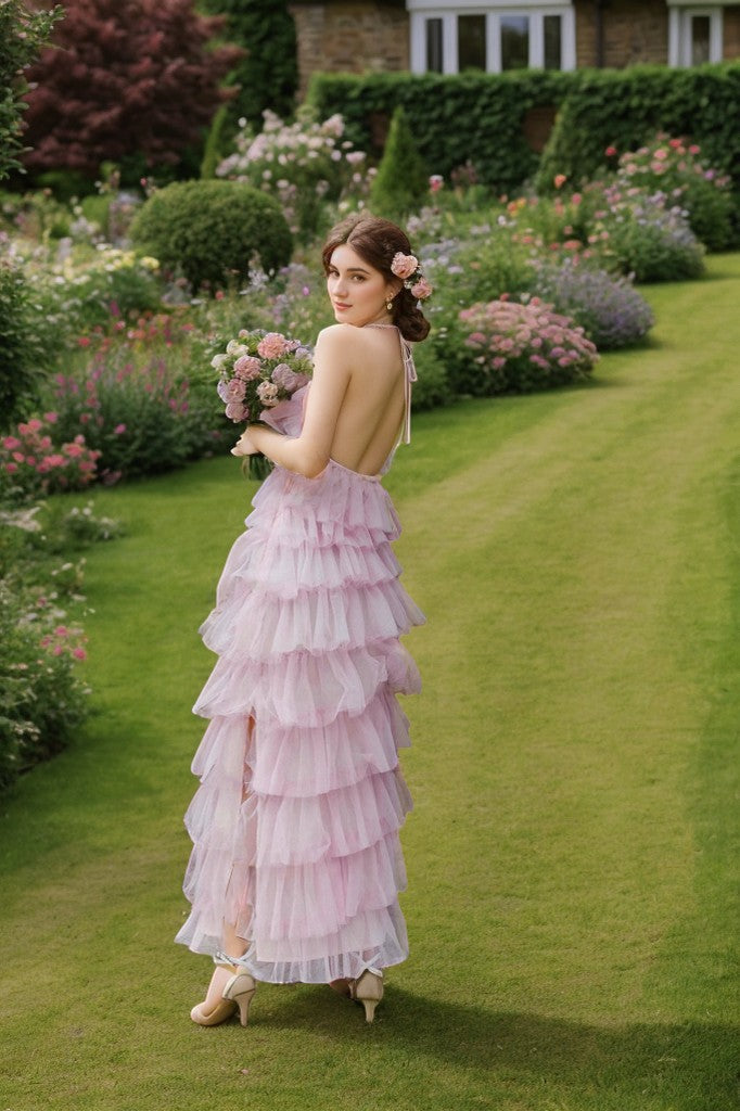 Sea Dragon Dreams halter tulle prom dress in soft pink with layered ruffle hem and hollow-back design in a garden