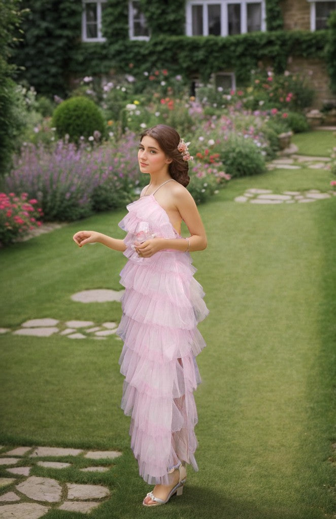 Sea Dragon Dreams pink halter tulle prom dress with layered ruffle hem worn by a woman in a garden
