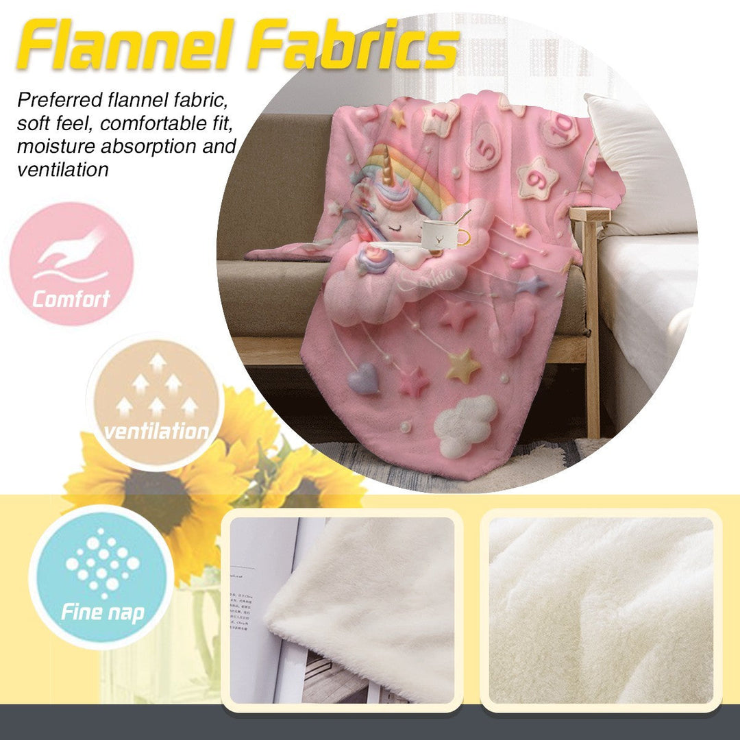 Sea Dragon Dreams pink unicorn milestone blanket with rainbow and stars, soft fleece fabric for baby monthly photos.