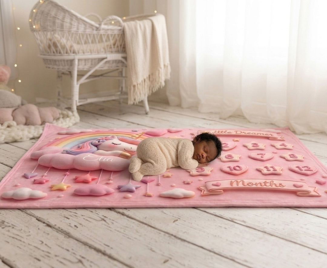Sea Dragon Dreams pink unicorn milestone blanket with a sleeping baby on a wooden floor for monthly photos.