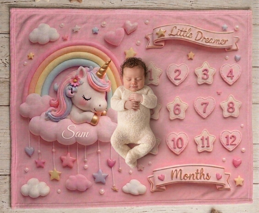 Sea Dragon Dreams pink unicorn milestone blanket with a sleeping baby, featuring rainbow and month markers 1-12.
