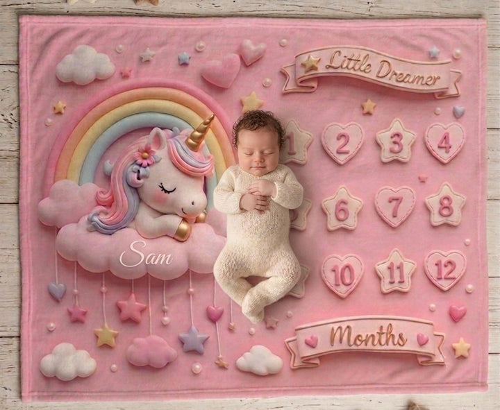 Sea Dragon Dreams pink unicorn milestone blanket with a sleeping baby, featuring rainbow and month markers 1-12.