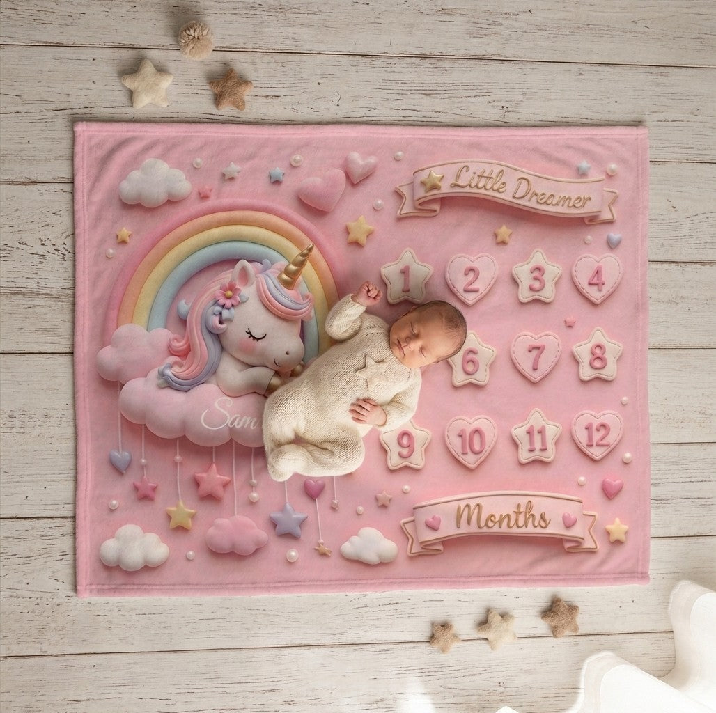 Sea Dragon Dreams pink unicorn milestone blanket with a sleeping baby, rainbow, and monthly markers on a wooden floor.