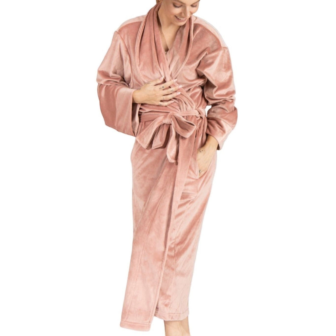 Sea Dragon Dreams plush dusty pink velour robe with a tie waist and long sleeves worn by a smiling woman