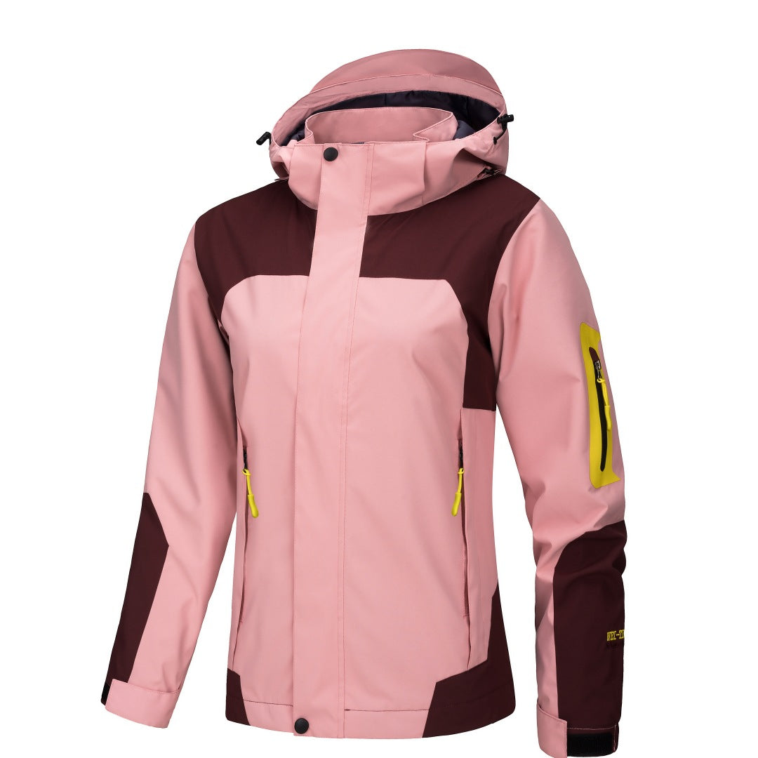 Sea Dragon Dreams pink and maroon lightweight waterproof hooded shell jacket with yellow zipper details