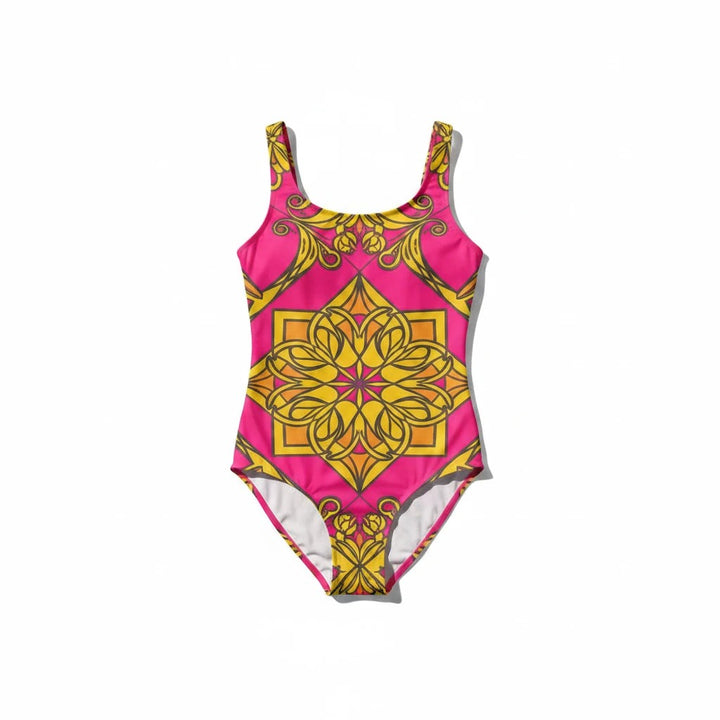 Sea Dragon Dreams one-piece swimsuit in bright pink and yellow with a decorative floral mandala pattern